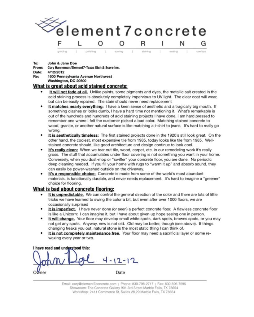 Here’s an example of a Sign-N-Send document produced by elemet7concrete. The customer signs off on the document using their finger, presented on an iPad or similar.