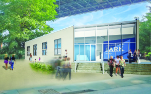 A 28-foot-wide opening created by the removal of the corner of the pre-existing building will be equipped with an expansive glazed curtainwall spanning the height of the building and featuring the main entrance. The glazing will play an important role in opening the interiors to the park and views outside. Rendering courtesy of Architecture Research Office