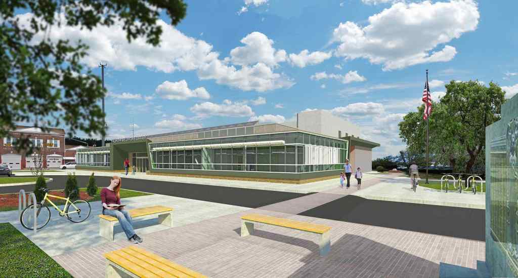 One of the building's four entrances leads to a new memorial plaza via a new brick pathway. Drawing: Gallin Beeler Design Studio