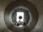 View of the burner tip from inside the kiln.