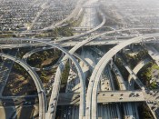 Aerial view of complex highway interchange in Los Angeles California.