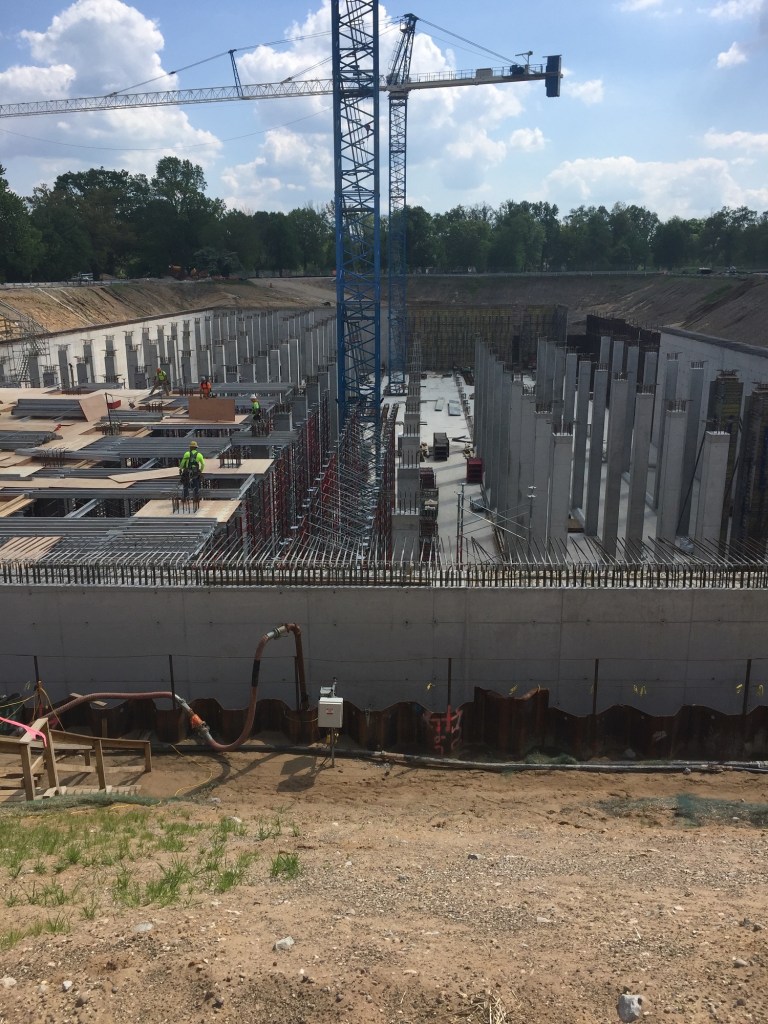 The basin is a watertight concrete structure that captures 20 million gallons of untreated wastewater during storm events.
