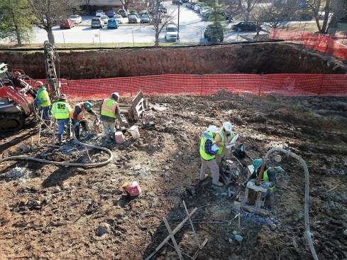 Most grout ports in the 65,000-square-foot jobsite were clustered in the southern and northeastern quadrants. Compaction Grouting Services drilled 18,061 linear feet at more than 626 holes and pumped in 820 cubic yards of grout.