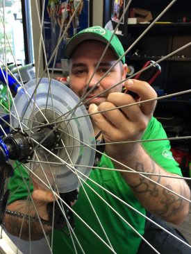 James DesLauriers, lead bike technician. The three technicians at the Wright Stop Bike Shop fix wheels and hubs, derailleur/drivetrain, brakes, headsets, and bottom brackets. They’ll also install accessories like aerobars, fenders, rear racks, and handlebars.