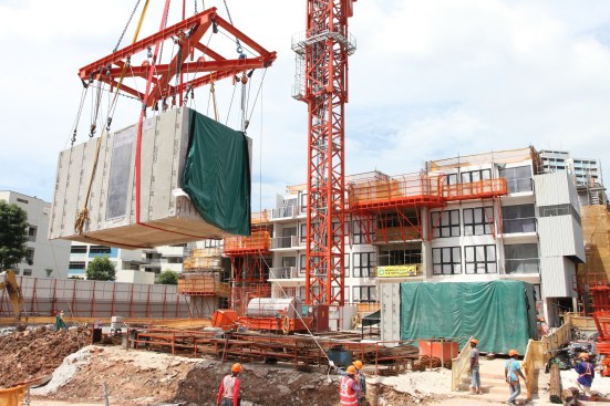 Using a purpose designed cradle assembly the complete module is lifted from the flat bed delivery transportation directly and placed into its final position.