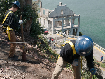 Participants in restoration project at Alcatraz Island in San Francisco Bay.