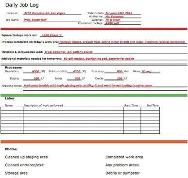 An example of a daily job log used by BF Flooring Specialties.