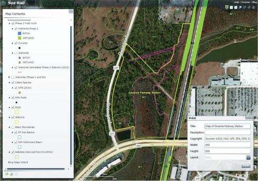 For the SunRail project, VHB created this GIS website using Esri’s ArcGIS server, which allows users to view and analyze data in the geodatabase.