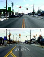 Prior to improvements (top), the crash-prone intersection of 7 Mile Road and Dequindre Street in Detroit had small, 8-inch-diameter signals, left turn prohibition, and no dedicated left turn lane. Based on recommendations by engineers from AAA, the city created a dedicated left-turn lane, added a protected left-turn arrow, and replaced the signal lenses with brighter 12-inch lenses (bottom). 