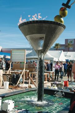 Setting a 300-lb. martini glass rim wasn't easy. It had to be lifted and fastened into position by hand.