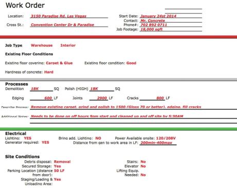 The information included in the site survey can then be used to fill out the work order. Additional work order information not shown above includes equipment and materials needed, site map, photos of parking and entrance, floor plan with construction phasing, and photos.