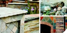 The fireplaces, water features, walkways, walls, and other displays at M S International's outdoor showroom showcase a wide breadth of stone types, including California slate, jade white sandstone, and golden white quartzite.