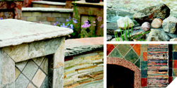 The fireplaces, water features, walkways, walls, and other displays at M S International's outdoor showroom showcase a wide breadth of stone types, including California slate, jade white sandstone, and golden white quartzite.