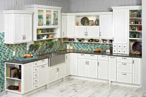 SEEING THE LIGHT: Five years ago, consumers picked doors with heavy moldings and intricate hardware. Now, Merillat's Sara Reep says, they're "playing it safe" and picking simpler, higher-quality, and more long-lasting choices, such as Merillat's Shaker-style Tolani line shown here.