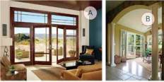 START SMALL: The trend for bigger views drifts down to the details in standard patio doors, as evidenced in Marvin's lofty transoms and thin stiles on the recently redesigned Ultimate Inswing French Doors (A). Fixed or hinged sidelites add another two feet to the width of Therma-Tru's Fiber-Classic Oak and Smooth-Star fiberglass patio door lines (B) as well as the Essence Series swinging patio door by Milgard (C, next image set).