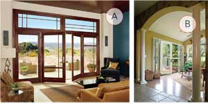START SMALL: The trend for bigger views drifts down to the details in standard patio doors, as evidenced in Marvin's lofty transoms and thin stiles on the recently redesigned Ultimate Inswing French Doors (A). Fixed or hinged sidelites add another two feet to the width of Therma-Tru's Fiber-Classic Oak and Smooth-Star fiberglass patio door lines (B) as well as the Essence Series swinging patio door by Milgard (C, next image set).