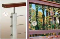 INNOVATIVE IN-FILLS: Deck builders are dressing up pressure-treated posts by stringing cable railing between them or making a modern statement with custom systems like the Clearview stainless steel cable rails from AGS Stainless (A). Deckorators' Scenic glass balusters cost less than full-panel, custom-cut glass rails and come in two shapes: Frontier, a straight baluster with a beveled edge; and Contour (B).
