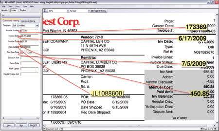 SEE IT, SAVE IT: Once optical character recognition (OCR) software is trained where to look, it can pull information from a document and put that data into the right fields in an LBM dealer's accounting system. Here's an example using Activant's AP Assist system.