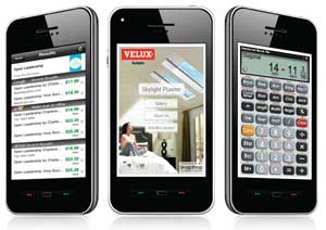 POCKET UTILITY: Builders and contractors are finding lots of useful smart phone applications for their work. Red Laser (left) scans barcodes and then reports who's selling the same product at what price. Velux (center) created a tool that can show how its skylights would look in a customer's home. And Calculated Industries (right) offers a smartphone version of its Construction Master Pro calculator.