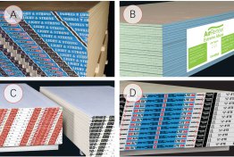 Hidden Value: The latest wallboards make interiors quieter, cleaner, and stronger. Georgia-Pacific's ToughRock lightweight board (A) reduces installers' loads. AirRenew from CertainTeed (B) removes VOCs from the air, while National Gypsum added abuse- and imact-resistant boards (C) to its Gold Bond e2XP line. The company's Gold Bond 30-minute firerated product (D) is 30% lighter than standard board.