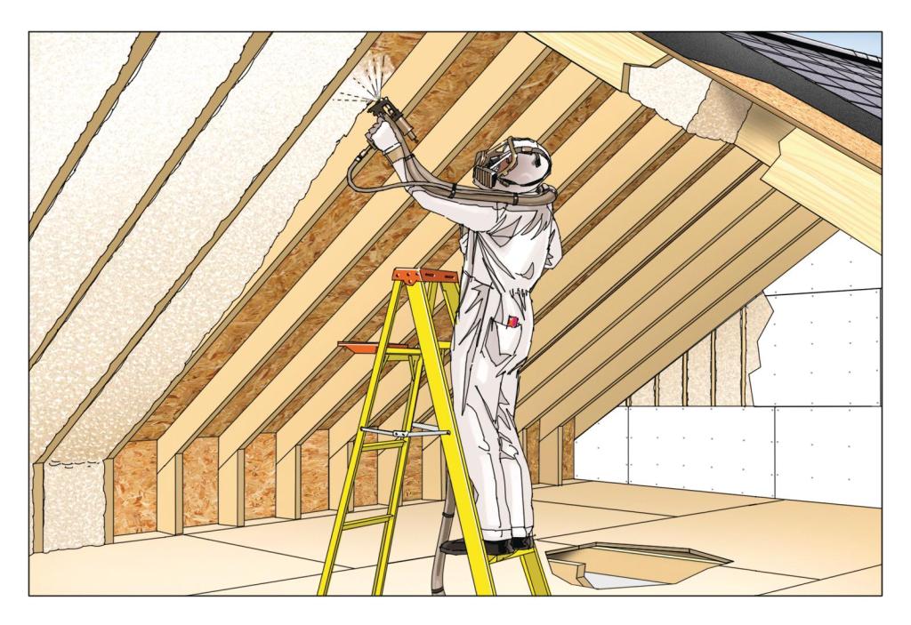 Top Gun: Applying foam insulation to the roof sheathing turns the attic into a tempered space that can reduce energy savings by 18% to 20% on a retrofit and help in new construction as well.