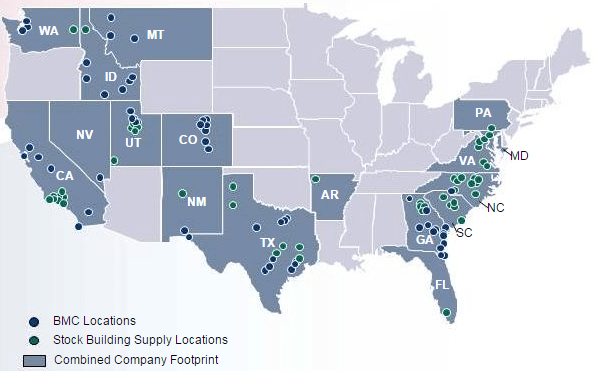 Locations of Stock Building Supply and BMC, which announced on June 3 2015 that they'll merge