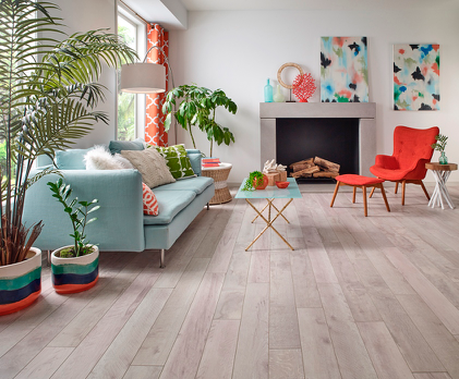 Fast growing LVT (luxurvy vinyl tile) offers performance  and style. This is from Armstrong's new waterproof Pryzm collection.