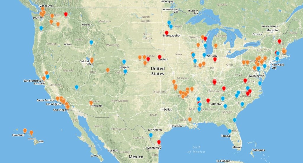 Blue dots are openings, red dots are closings, orange dots are acquisitions