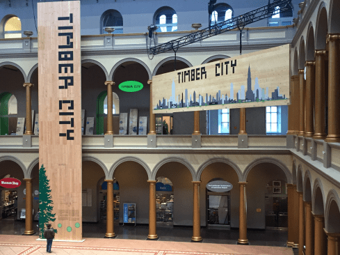 Signage at the entrance to the Timber City exhibit at the National Building Museum, 2016-2017