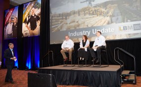 Do it Best's Gary Nackers poses questions on building material prices and availability to fellow Do it Best executives Todd Hixson, Jean Fahy, and Joe Corah during the co-op's LBM update session May 18, 2018, at the Spring Market in Indianapolis.