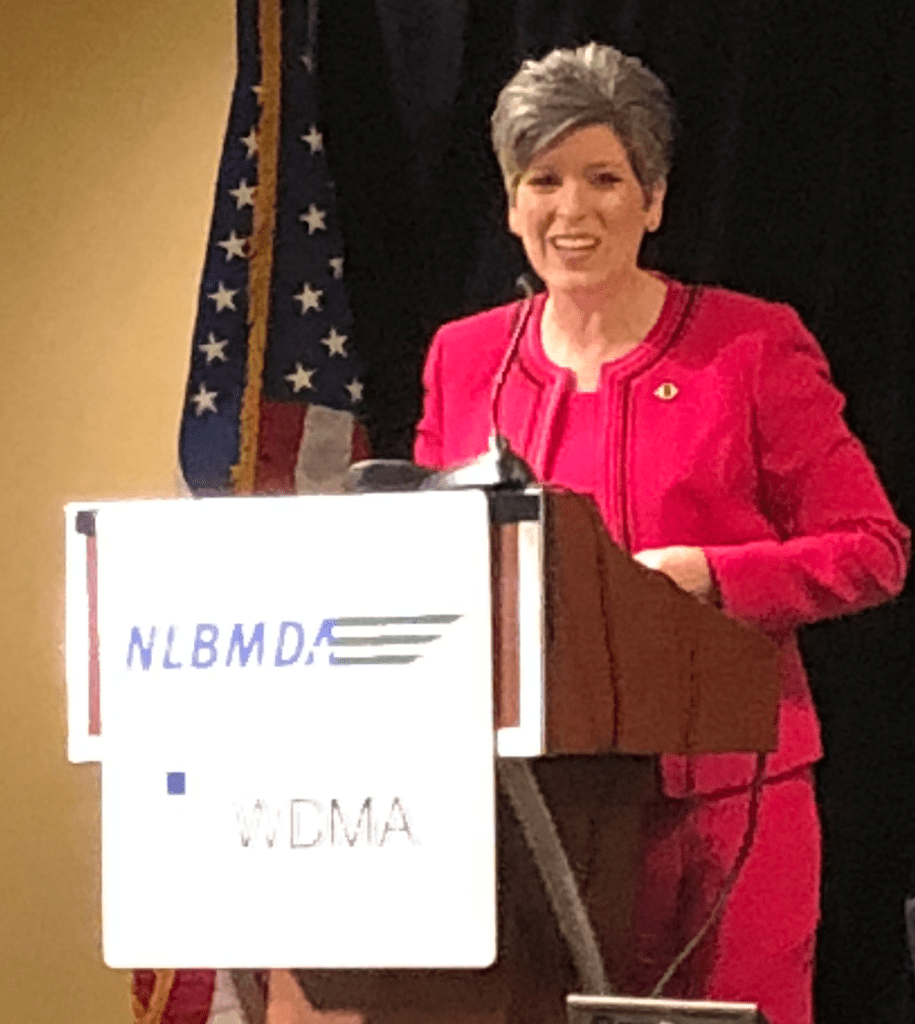 Sen. Joni Ernst, R-Iowa, speaks at the NLBMDA-WDMA Legislative Conference in Washington on March 20, 2018