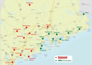 Map showing locations of Hammond Lumber and EBS Building Supplies locations