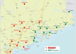 Map showing locations of Hammond Lumber and EBS Building Supplies locations