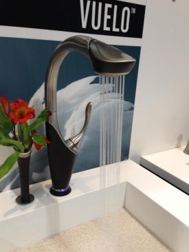 Named with the Spanish word for "flight," Brizo's Vuelo kitchen faucet was designed with swan-like qualities, such as a long neck and gentle curves. The delicate styling still includes high-tech features like Smart Touch, and a uniquely designed top-button pullout shaped like a computer mouse. www.brizo.com