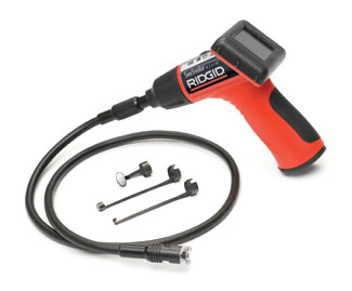 The Ridgid SeeSnake micro inspection camera can help with a variety of trades as it peeks into hard-to-reach places, such as inside walls, ceilings, floors, and ducts. The product features a high-resolution camera on top of a flexible, 3-foot cable that is reinforced with a waterproof, vinyl jacket and is manually controlled. Images relay to a 2.4-inch color LCD screen that has a pistol-grip handle. Two adjustable LEDs provide light. Attachments that twist and lock into place on the camera head are available, such as a mirror to look around corners. Four AA alkaline batteries will power the camera for up to three continuous hours. 888.743.4333.