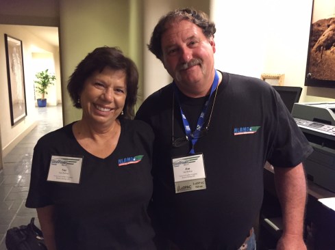 Jim and Sue Bishop of Vesta Lee Lumber, Bonner Springs, Kan., show off their “Lumber dealers are sexy” T-shirts distributed at the NLBMDA’s annual meeting in Phoenix on Oct. 18, 2017.