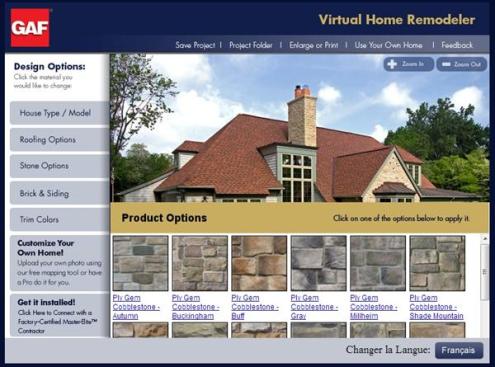 GAF's Virtual Home Remodeler app lets users upload a photograph of their home and swap out the roof with the company's shingle product. The quick-swap feature prompts users to try on a range of product options simply by touching icons on the mobile tablet's screen. www.gaf.com