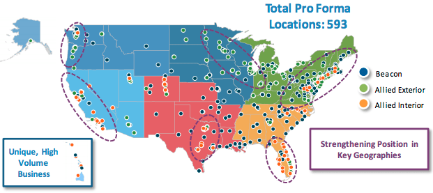 Slide showing Beacon Roofing Supply and Allied Building Products U.S. facilities as of 8/24/17