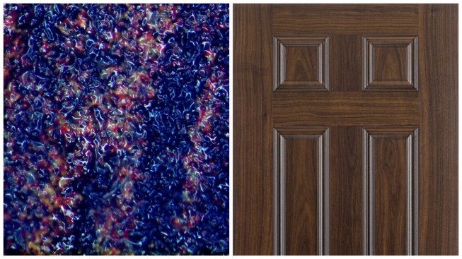 AvantGuard's black walnut option magnified 40x to show the ink dots, left, and a completed black walnut door.