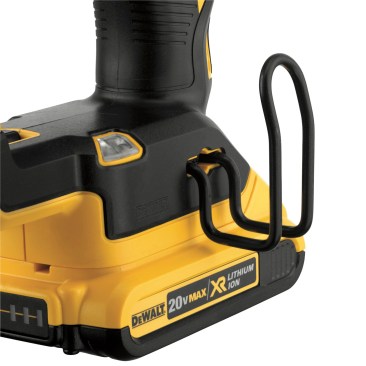 The belt hook is reversable so can be adjusted to your handedness. It's held in place by a slotted/Torx headed screw. The 2Ah battery that comes in the kit has built-in fuel gauge which you can partially see in the lower left corener. There's a button on the battery (it's out of view in this picture). 