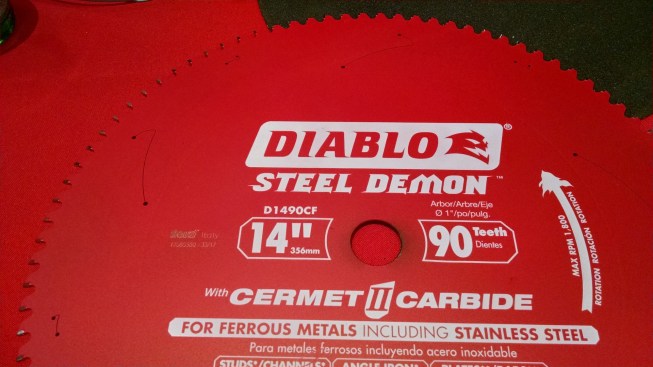 The main advantage of using a low-rpm 14” dry-cut saw instead of a similar size abrasive chop saw is that the cut is cleaner and doesn’t heat up during the cut—thus avoiding the shower of sparks made by an abrasive blade melting its way through the cut. Here, the Diablo Steel Demon 14" 90-Tooth metal-cutting saw blade for ferrous metals including stainless steel.
