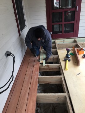 Opposing wedges were needed to straighten the mahogany decking and fully engage the prongs of the clips.