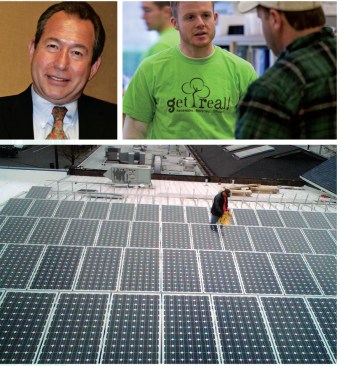 Parr Performance: (Clockwise from top left) Parr Lumber sales director Nate Bond says his company is "aiming to change the construction paradigm" in Oregon and Washington; a Parr worker sports a T-shirt promoting the company's GET REAL! green products program; workers install solar panels atop a Parr facility in Portland, Ore.