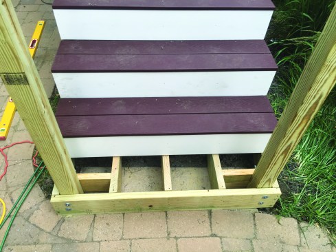 Both vertical and horizontal blocking can be used to reinforce the connection between stair guard posts and the stair stringers.