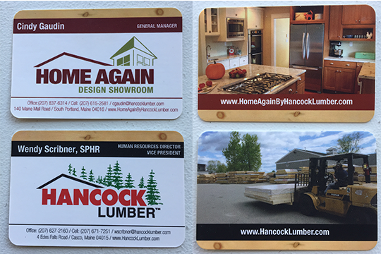 Front and back views of business cards at Hancock Lumber in Maine