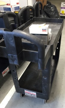A cart for holding special orders at Hancock Lumber