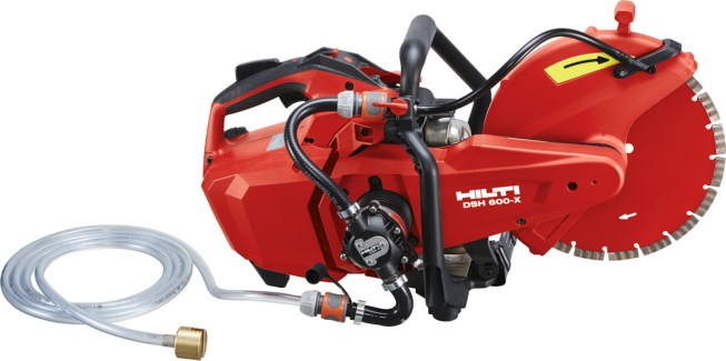 The DSH 600 with pump (DSH-P) is a new 12" gas-powered cutoff saw with the cutting capacity of a typical 14" saw. It has auto choke, cyclone filtration system and aluminum blade guard. 