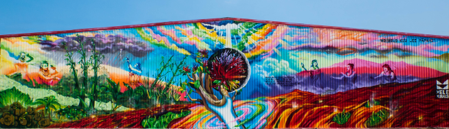 Mural painted on a wall of an HPM Building Supply warehouse in Hilo, Hawaii