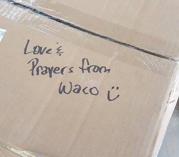 A Do it Best employee from the co-op's Waco, Texas, distribution center added a special message to this box of goods sent to a member company affected by the Texas-Louisiana hurricane.