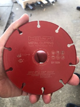 New metal cutting diamond blade SPX can cut multiple material types. Hilti says this blade reduces the need to change discs frequently, getting up
to 100 times the life of standard abrasive discs and that the diameter of the blade does not decrease over time, maintaining a consistent cutting depth through the lifetime of the blade. Available in 4.5", 5", 12", 14", and 16". The 5" showd here will run about $20 ea. 